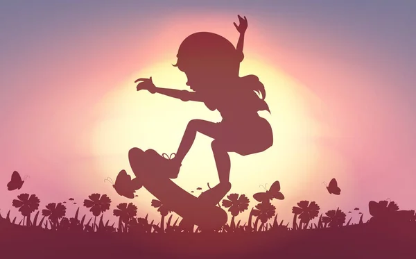 Dziewczyna Silhouette skateboarding w ogrodzie — Wektor stockowy