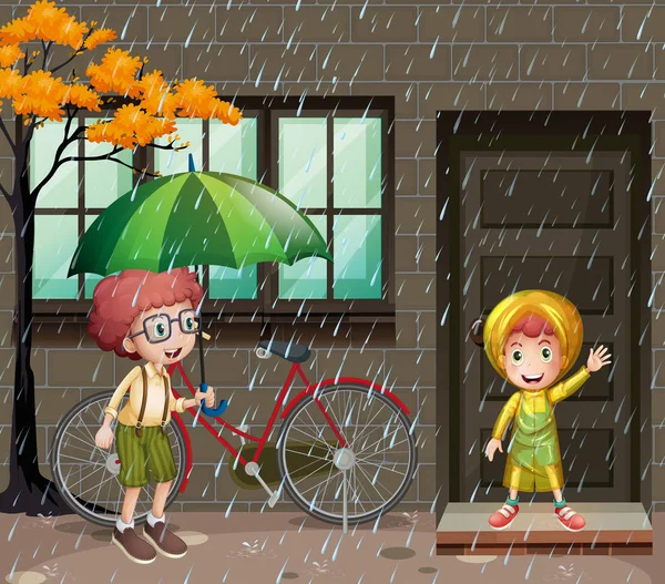 Temporada de lluvias con dos chicos bajo la lluvia — Archivo Imágenes Vectoriales