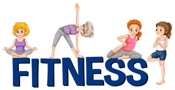 Diseño de fuentes con palabra fitness con personas haciendo ejercicio — Vector de stock