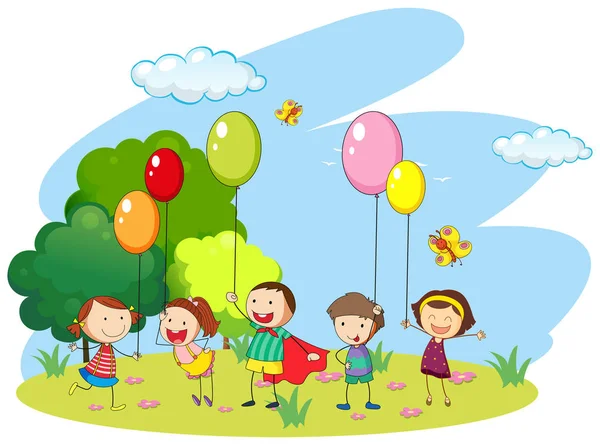 Many kids playing balloons in the fiel — Stock Vector