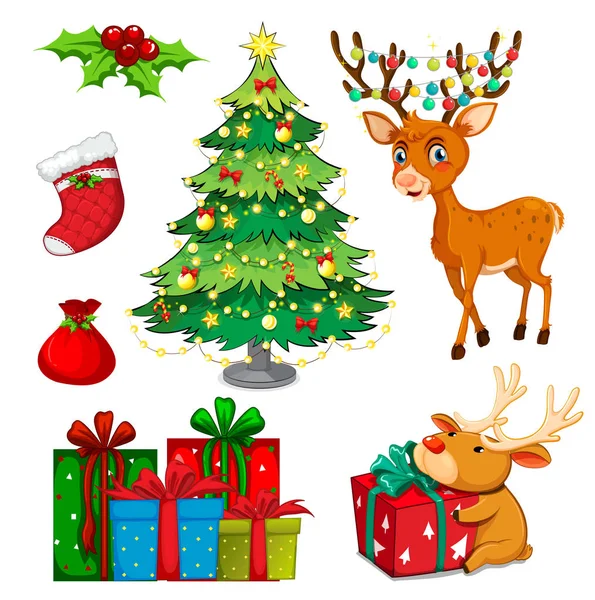 Χριστουγεννιάτικο σετ με τάρανδο και το χριστουγεννιάτικο δέντρο — Διανυσματικό Αρχείο