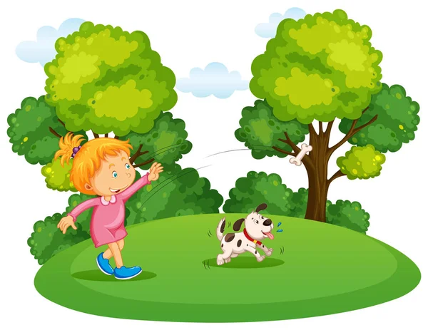 Chica jugando con el perro mascota en el parque — Vector de stock