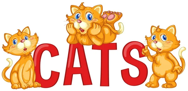 Дизайн шрифта со словом кошки с тремя рыжими котами — стоковый вектор
