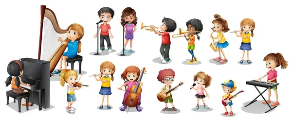 Muchos niños que tocan diferentes instrumentos musicales — Vector de stock