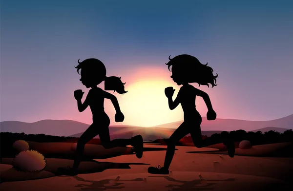 Twee meisjes lopen in het veld bij zonsondergang — Stockvector