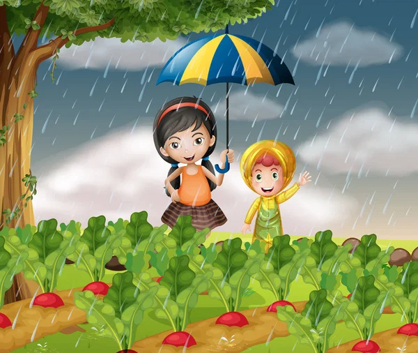 Çocuklar bahçedeki yağmur yağarken