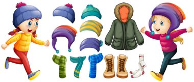 Children and winter clothes set clipart