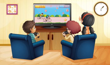 Boys and girl playing vdo game together clipart