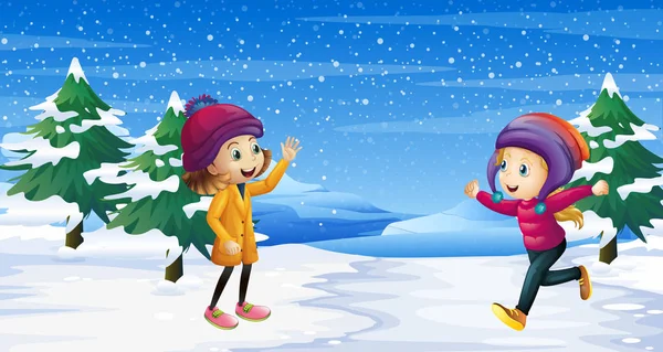 Duas meninas brincando na neve — Vetor de Stock