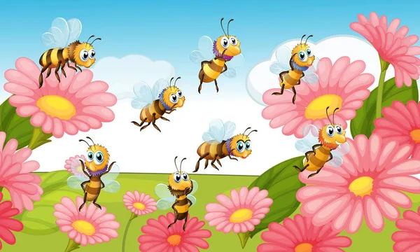 Abelhas voando no jardim de flores — Vetor de Stock