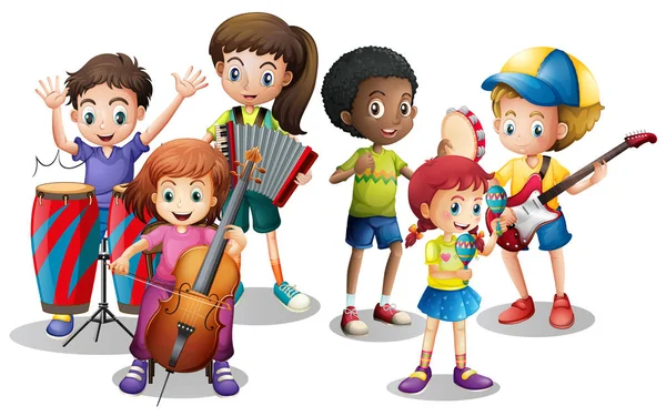 Τα παιδιά στο συγκρότημα παίζει διαφορετικά όργανα — Διανυσματικό Αρχείο