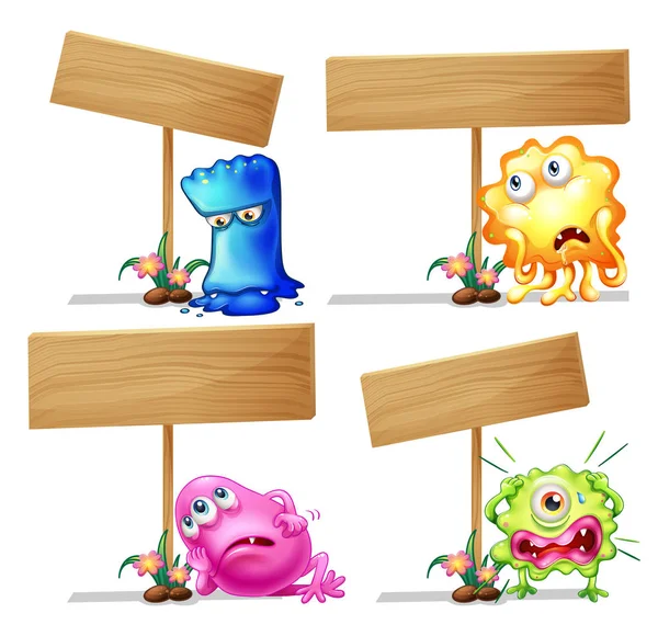 Wooden sign template with cute monsters — Stock Vector
