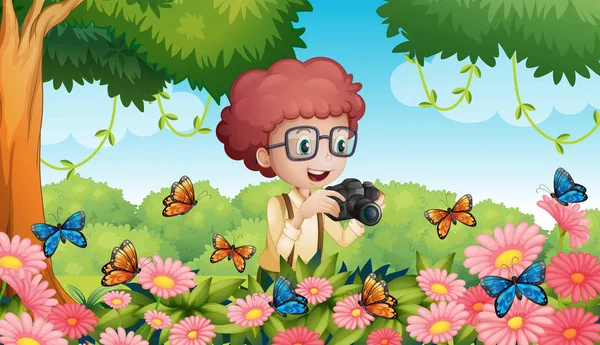 Boy taking picture of butterflies in garden — Stock Vector