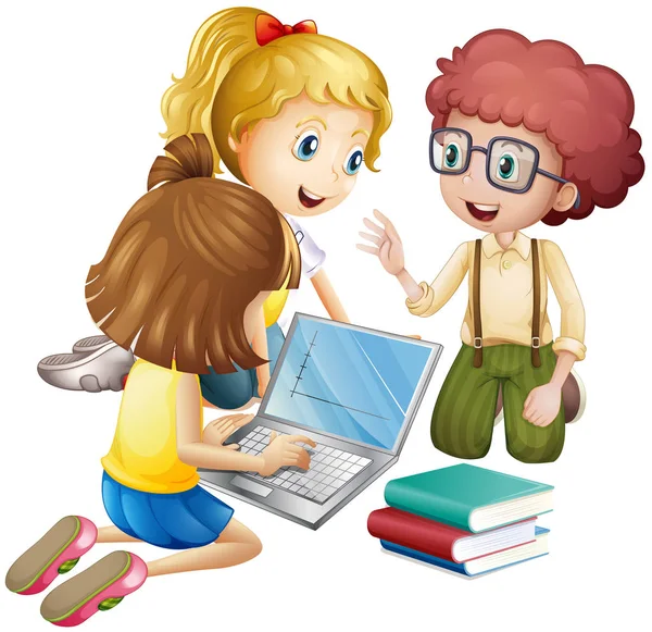 Three kids working on computer — Stock Vector