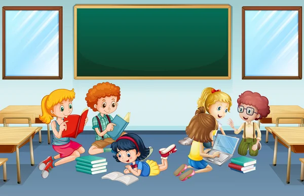 Muitas crianças lendo e trabalhando em grupo na escola — Vetor de Stock