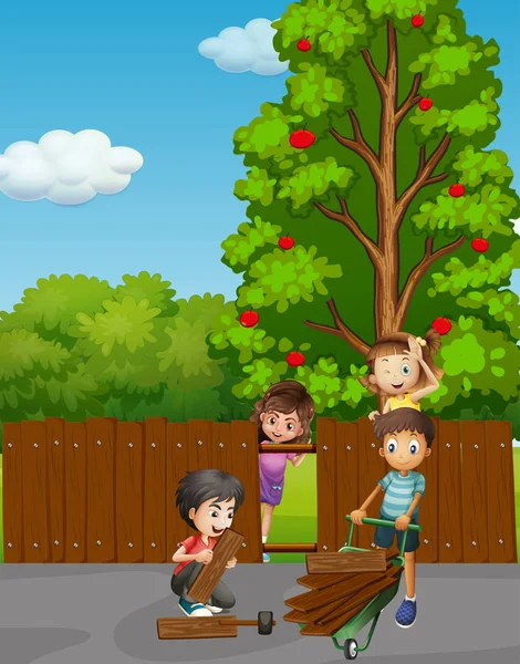 Bambini che fissano la recinzione in giardino — Vettoriale Stock