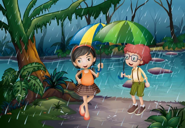 Niño y niña bajo la lluvia — Vector de stock