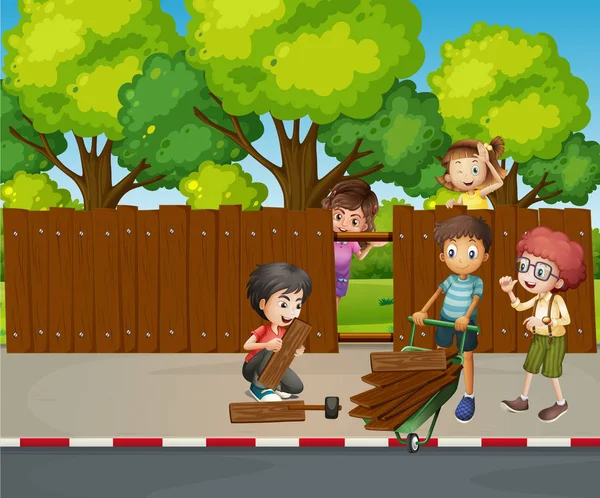 Muchos niños arreglando valla de madera juntos — Vector de stock