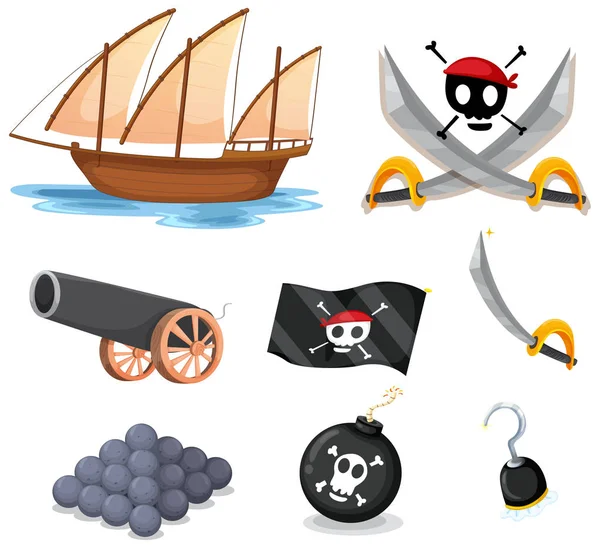 Juego de piratas con velero y armas — Vector de stock