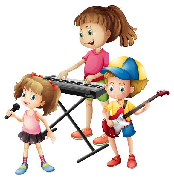 Niños tocando instrumentos musicales juntos — Vector de stock