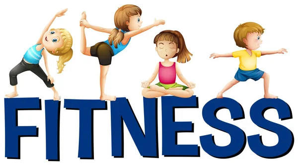 Palabra fitness con gente haciendo yoga — Vector de stock