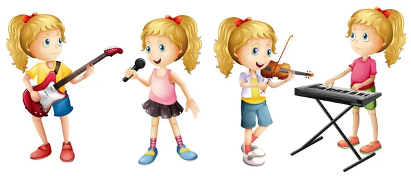 Cztery dziewczynki grające na instrumentach muzycznych — Wektor stockowy