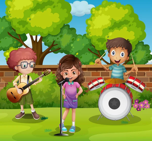 Trois enfants jouent de la musique dans le parc — Image vectorielle
