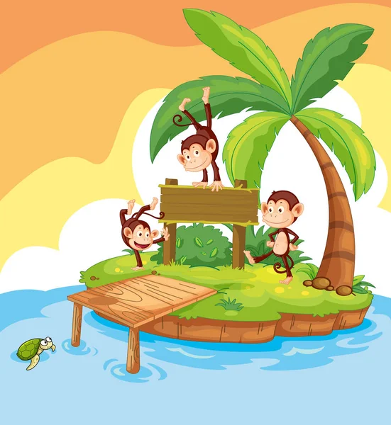 Three monkeys on the wooden sign — Stock Vector