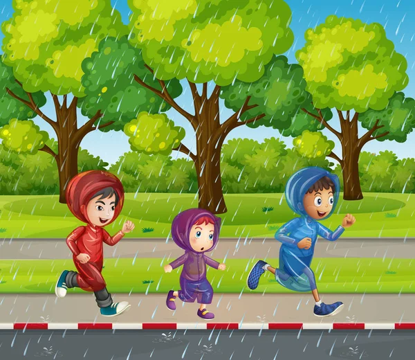 Trois enfants qui courent sous la pluie — Image vectorielle