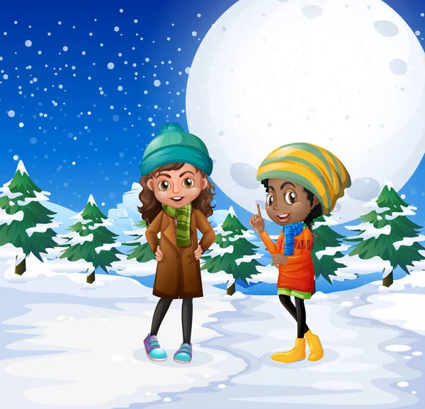 Σκηνή με δύο κορίτσια στο πεδίο χιονιού — Διανυσματικό Αρχείο
