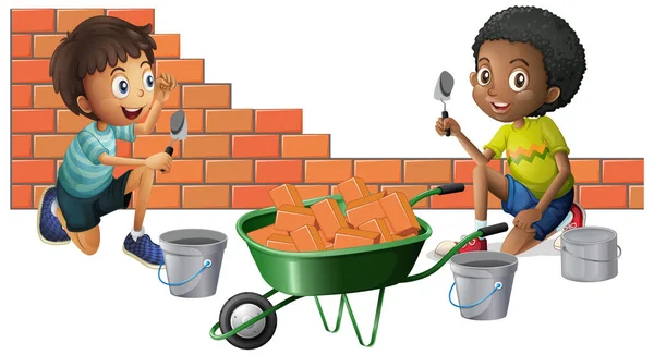 Dois meninos construindo tijolos juntos —  Vetores de Stock