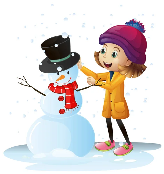 Κορίτσι παίζει στο χιόνι με χιονάνθρωπο — Διανυσματικό Αρχείο