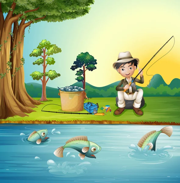 Hombre pescando junto al río — Vector de stock