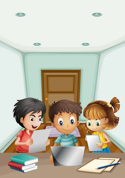 Děti pracují ve skupině v místnosti — Stockový vektor