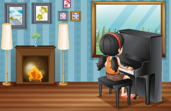 Chica tocando el piano en casa — Vector de stock