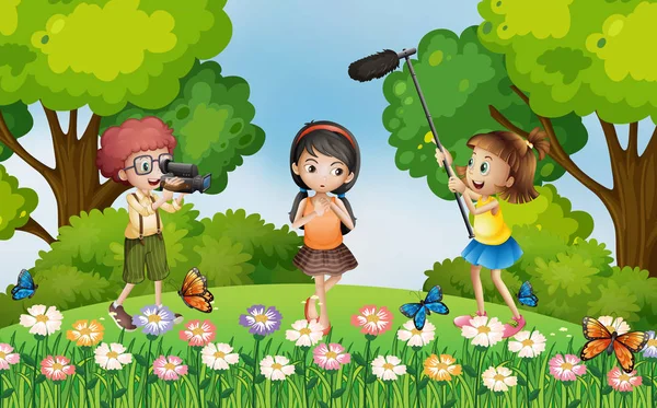 I bambini filmano video nel parco — Vettoriale Stock