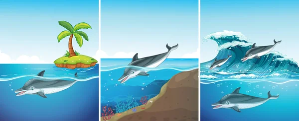 与海豚游泳的海洋场景 — 图库矢量图片