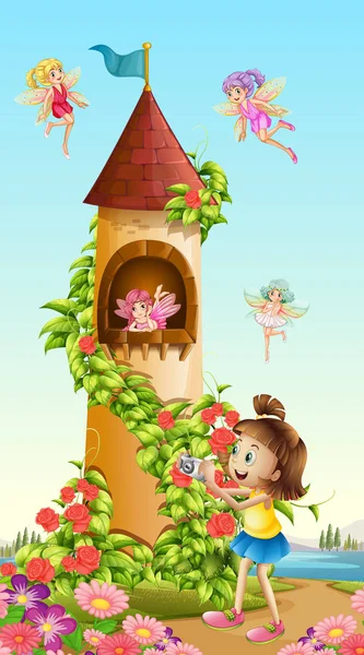 Girl taking picture of tower with fairies — Stock Vector