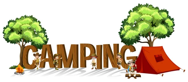 Font design för ordet camping med barn och tält — Stock vektor