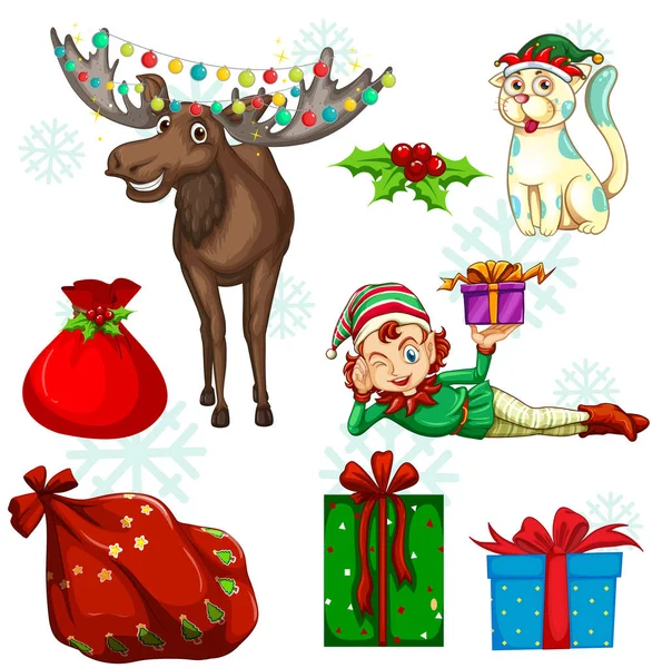设置与驯鹿和礼物的圣诞节 — 图库矢量图片