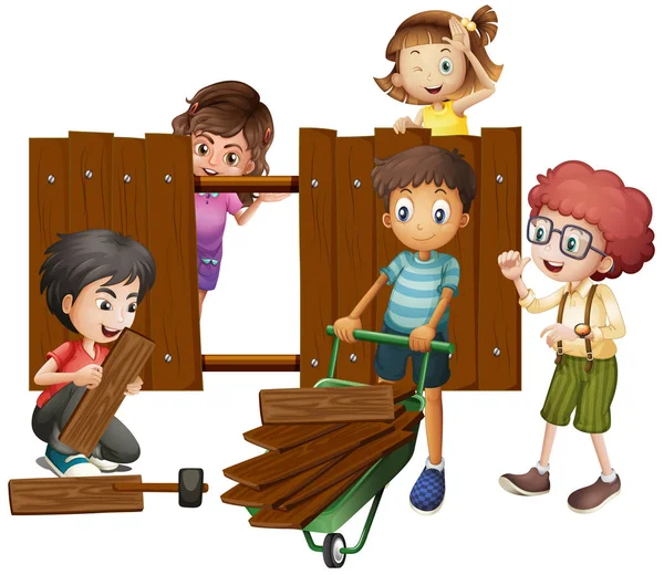 Crianças construção de cerca de madeira —  Vetores de Stock