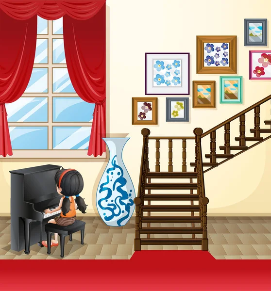 Menina tocando piano na casa — Vetor de Stock