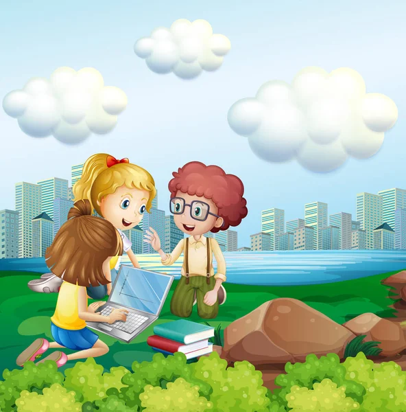 Three kids working on computer in the park — Stock Vector