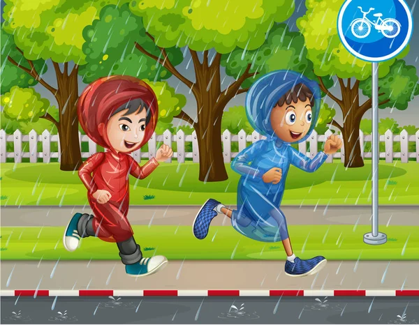 Dos chicos en impermeable corriendo por el pavimento — Vector de stock