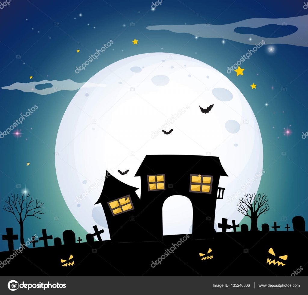 満月の夜のフィールドでお化け屋敷 ストックベクター C Interactimages
