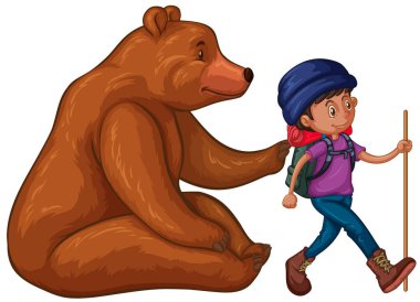 Kuzey Amerika boz ayısı ve sırt çantası ile uzun yürüyüşe çıkan kimse 