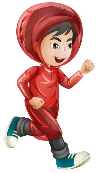 Boy in red raincoat running - Stok Vektor