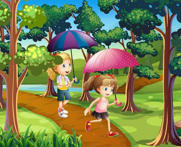 Zwei Mädchen spazieren im Wald — Stockvektor
