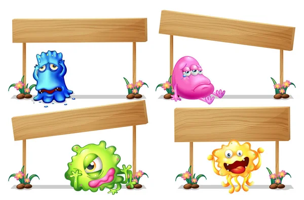 Wooden sign template with cute monsters — Stock Vector