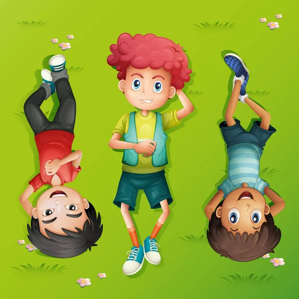 Tre barn liggande på gräsmattan — Stock vektor
